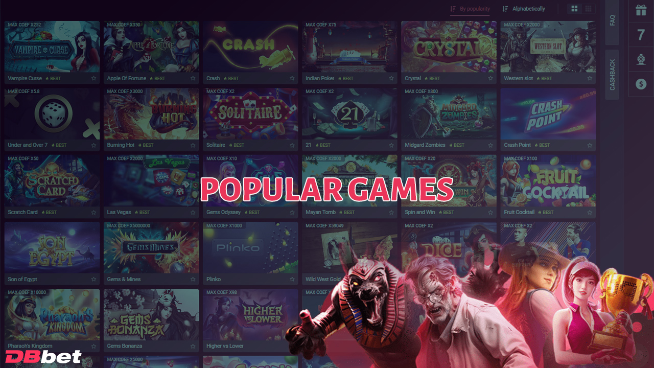 The DBbet Casino website offers all the popular games: casino, slots, and crash games.